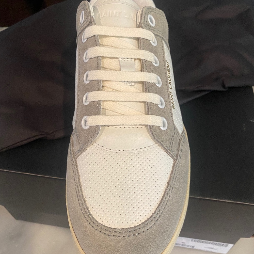 Saint Laurent Grey and White Suede Leather Sneakers